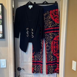 Joseph Ribkoff SetNavy Top w/Gold Grommets w/NavyRedTan Patterned Wide-Leg Pants